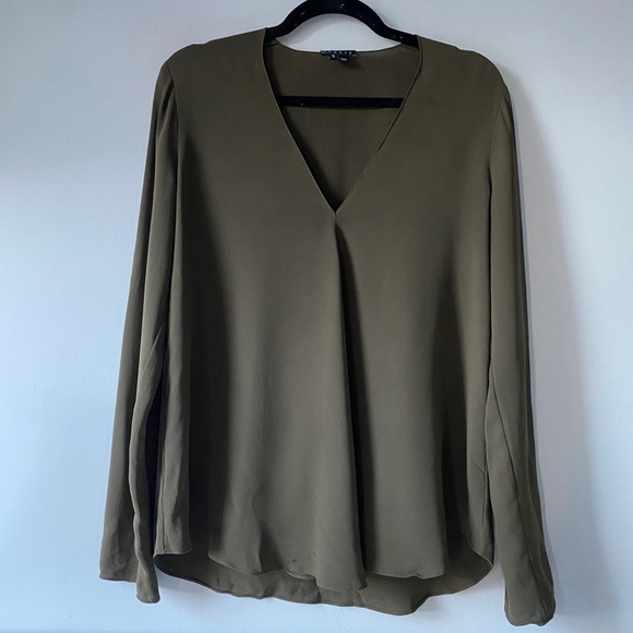 Theory Tops - Theory Olive Green V-Neck Long Sleeve Blouse